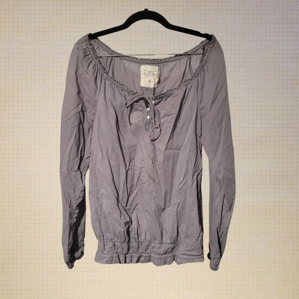 Boho 2000s H&M Cotton Peasant Blouse Elastic Waist Sleeves Size 6 Purple Grayish